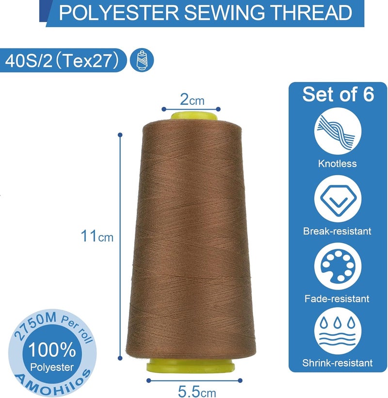 AMOHilos Polyester Sewing Thread All Purpose Knotless 40S/2 (Tex27) 6 Cones of 2750 Yards Each Spool Thread Total 16500 Yards for Serger Sewing Machine Quilting Piecing Overlock Hand Stitching (Toast) - Image 3